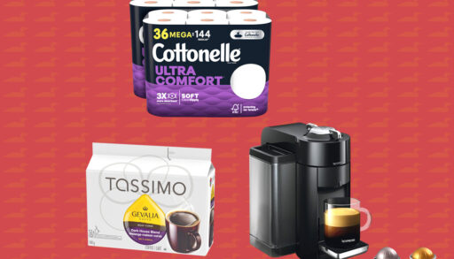 montage of coffee machine, pods and toilet paper