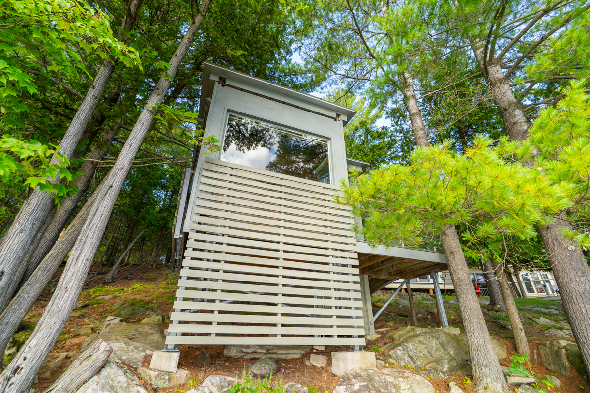 A modern bunkie sits among the tree line, facing a lake.