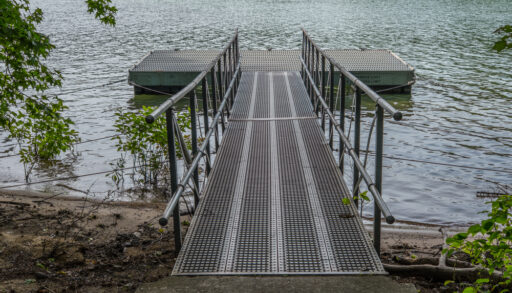A floating dock on a lake