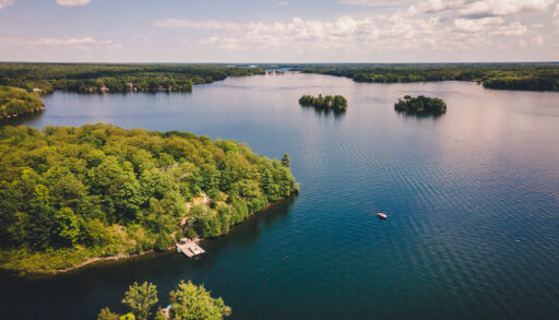 Aerial drone photo of Muskoka lake daytime, muskoka watershed