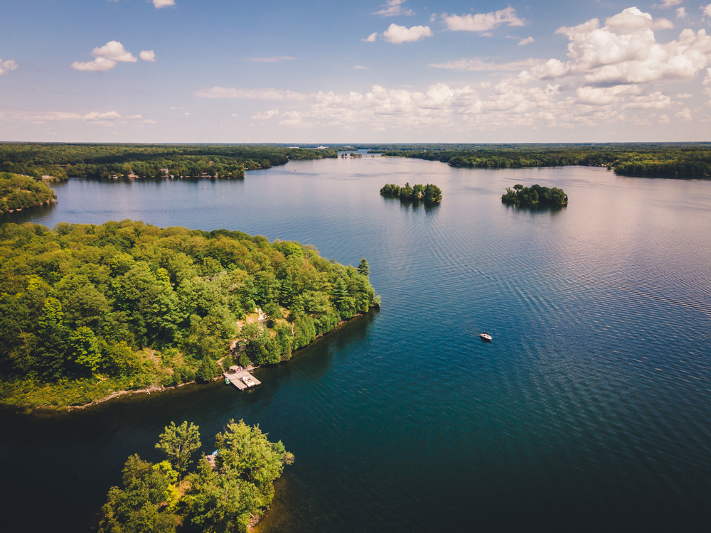 Aerial drone photo of Muskoka lake daytime, muskoka watershed