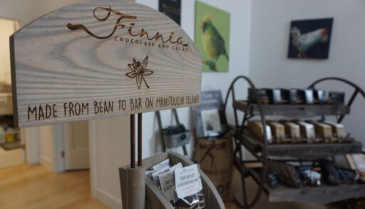 A sign inside Finnia chocolate shop on Manitoulin Island