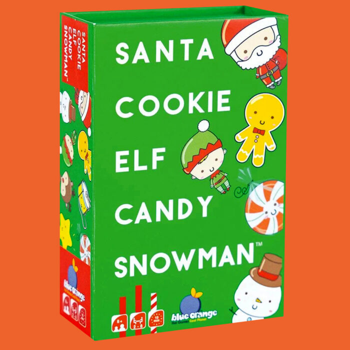 the santa cookie elf candy snowman game on an orange background