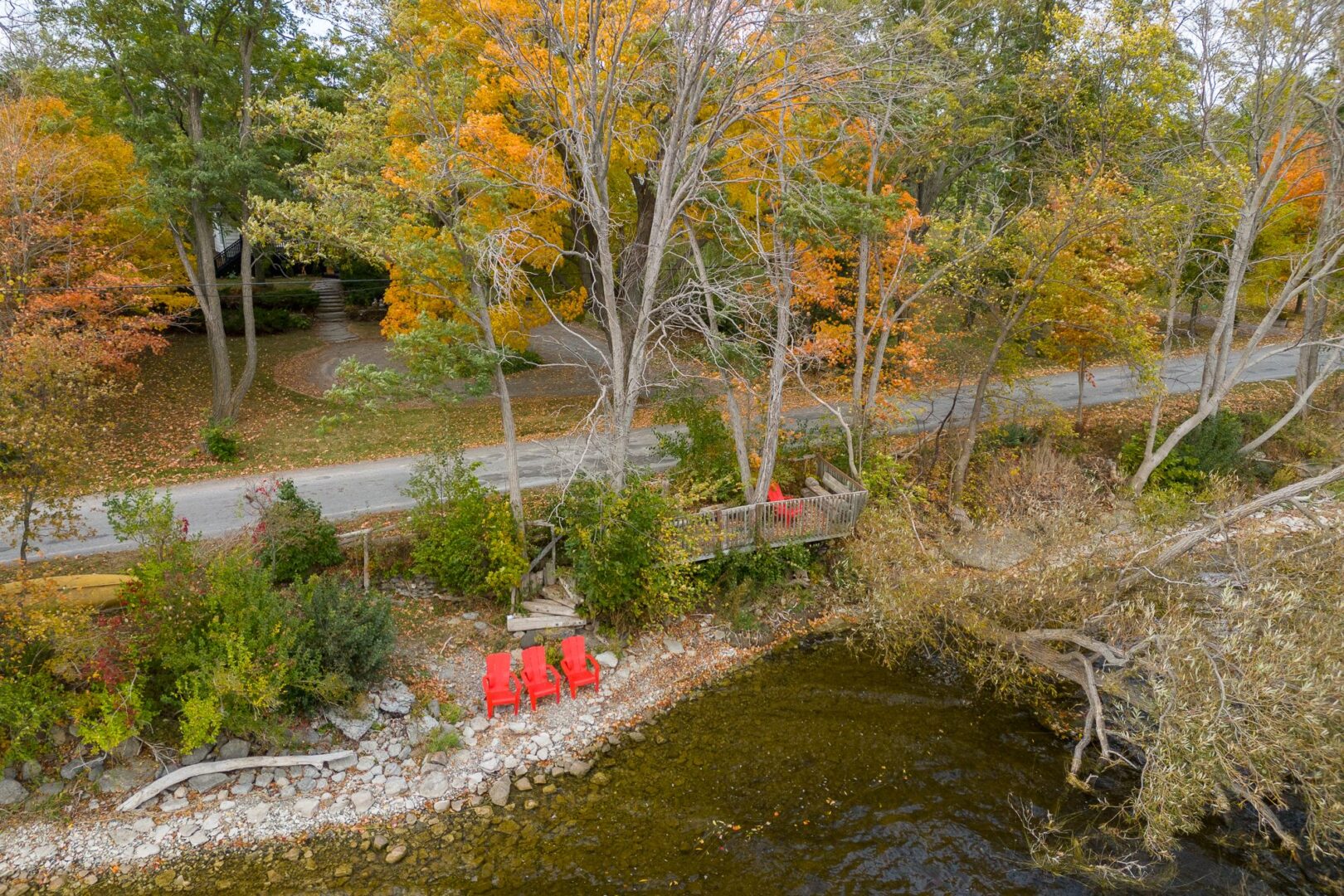 Two red Muskoka chairs sit on the rocky shore of a lake, just in front of a residential road.