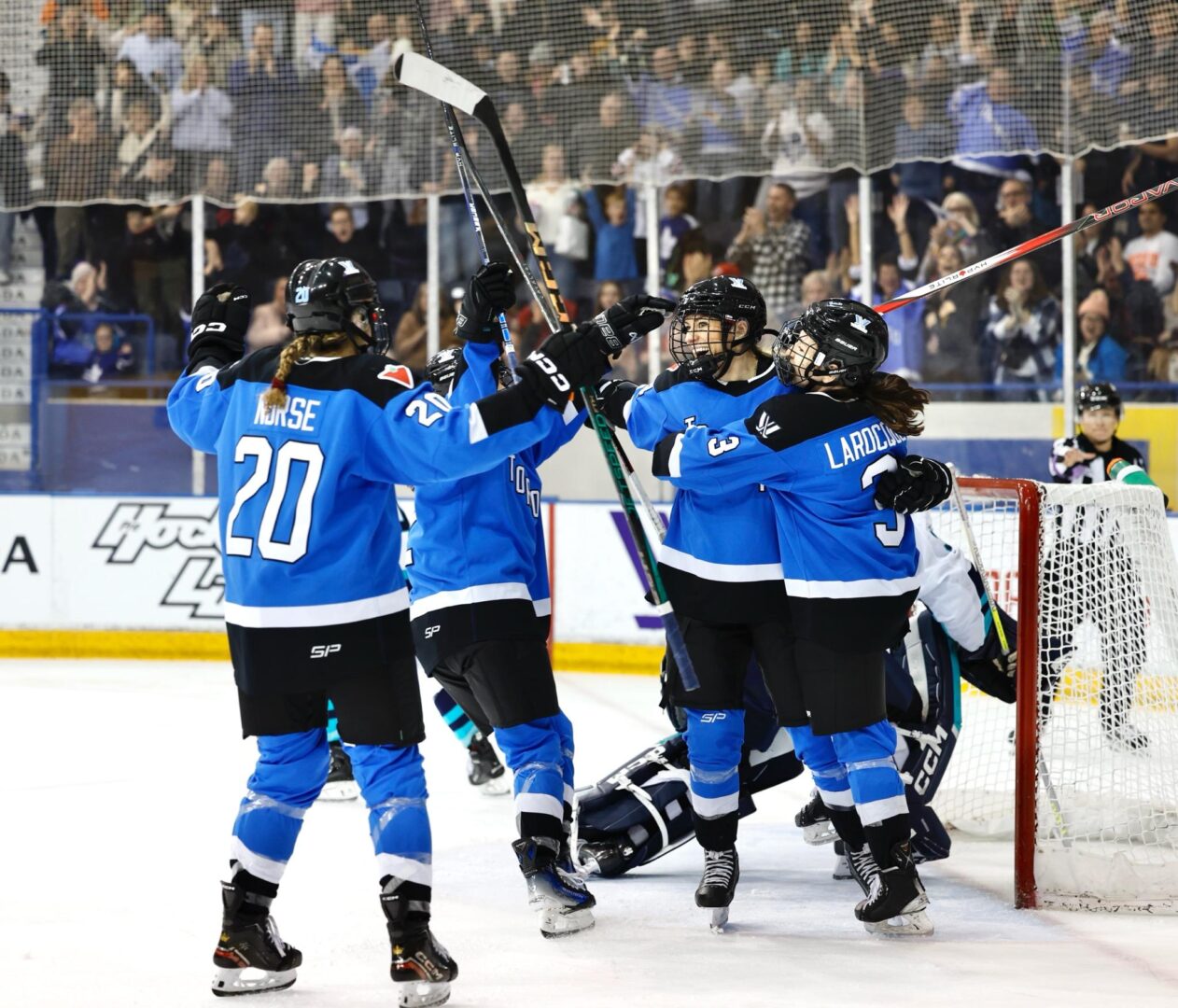 the toronto PWHL team celebrates after a goal