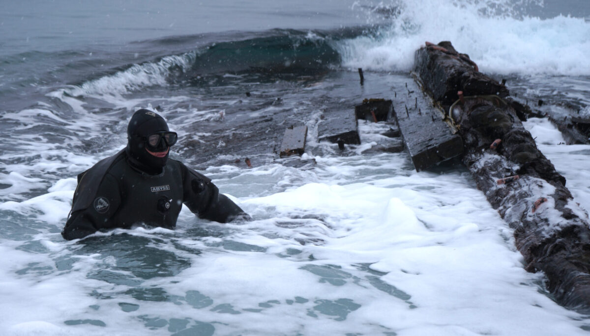 A scuba diver investigating a huge timber