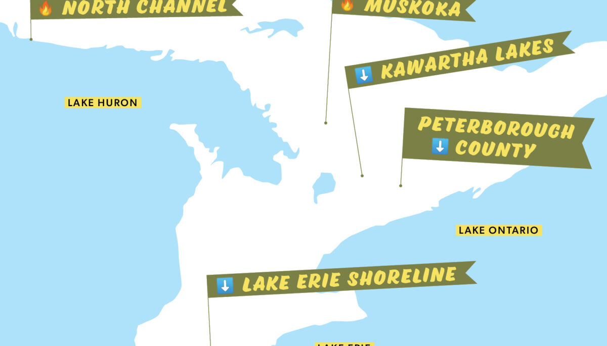 Map of Ontario showing what cottage regions are seeing a price increase