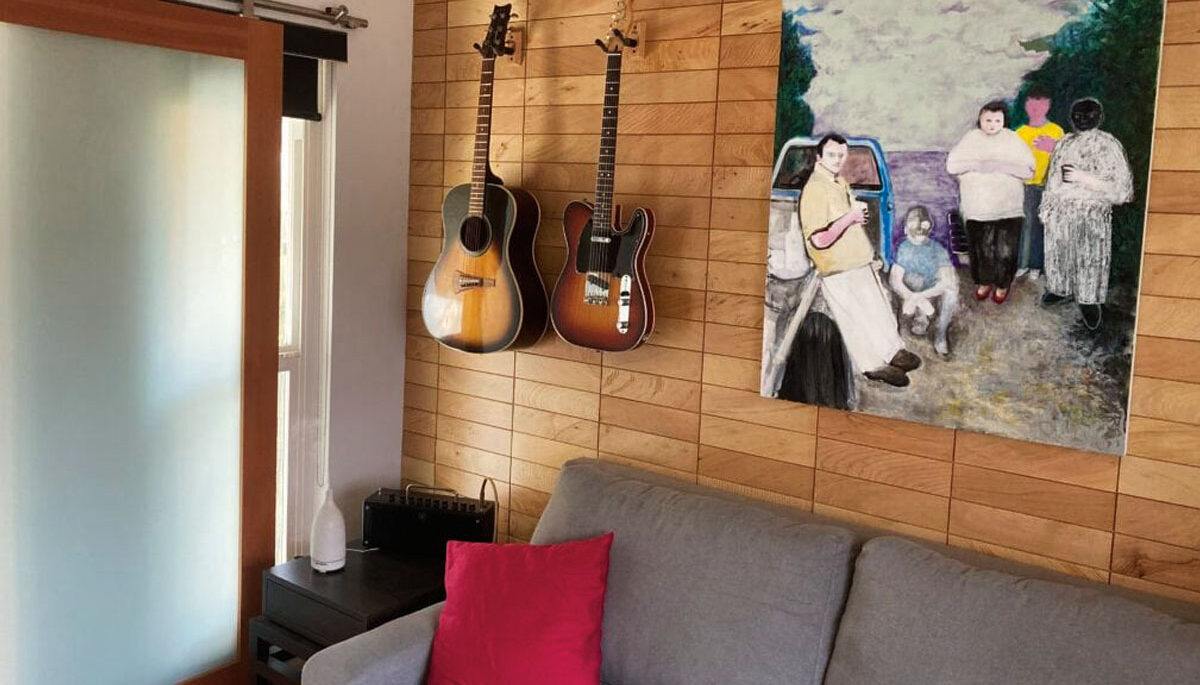 A room tiled with wood wall tiles