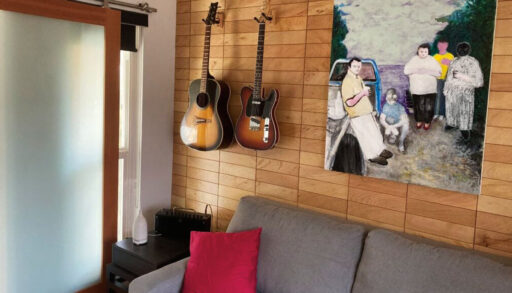 A room tiled with wood wall tiles