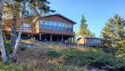 A lakefront cottage with lots of windows sits on a high slope, surrounded by trees.