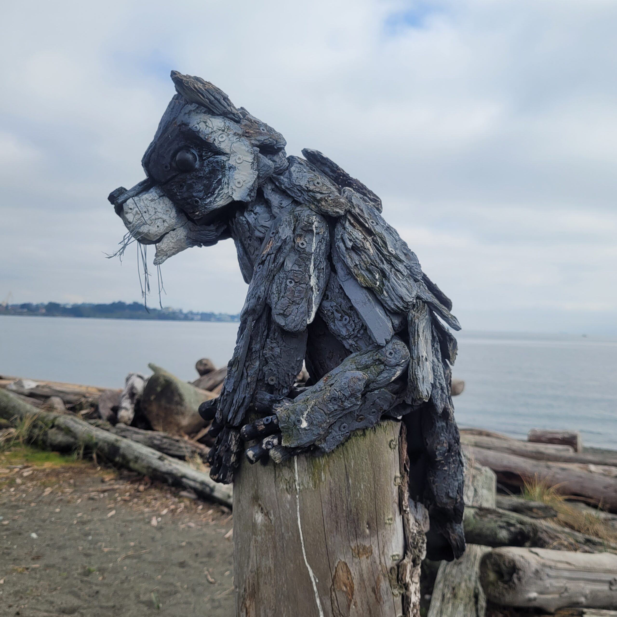 a driftwood sculpture of a wolf