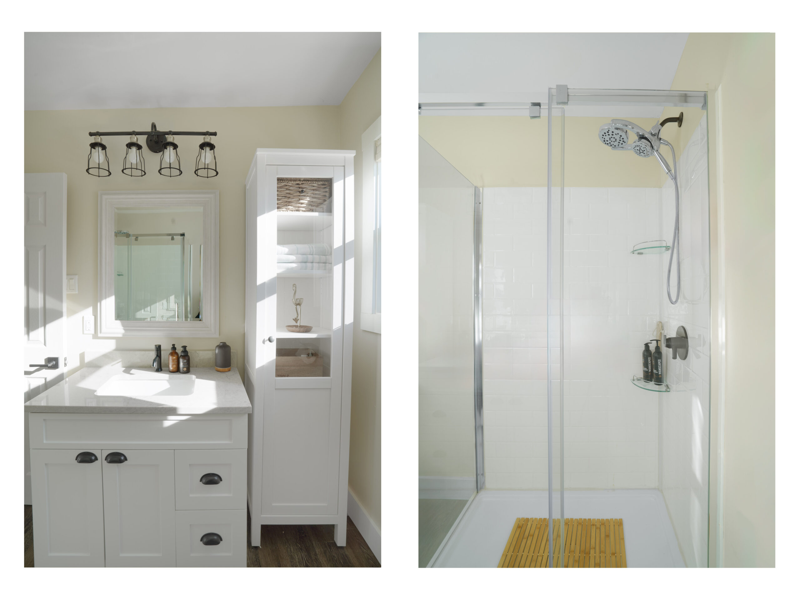 Two images showing different areas of the same bathroom, side by side. One image shows a sink with a mirror, and the other shows a walk-in shower.