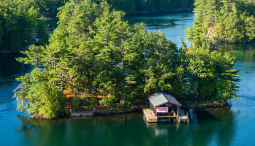 Overhead shot of an island with a cottage that has a for sale sign out front