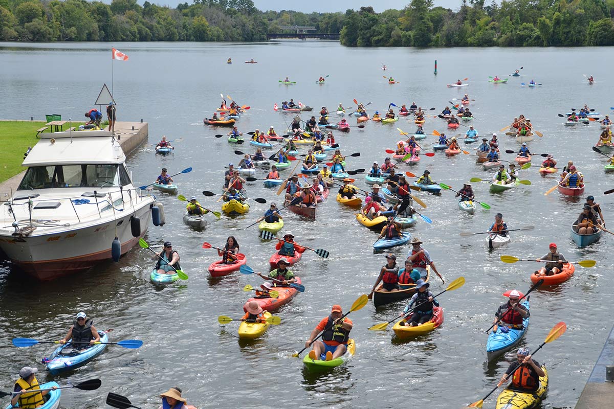 people in kayaks and canoes on the trent-severn waterway in peterborough