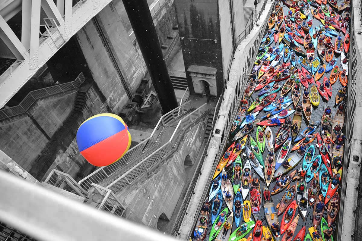 people in kayaks and canoes on the trent-severn waterway in peterborough