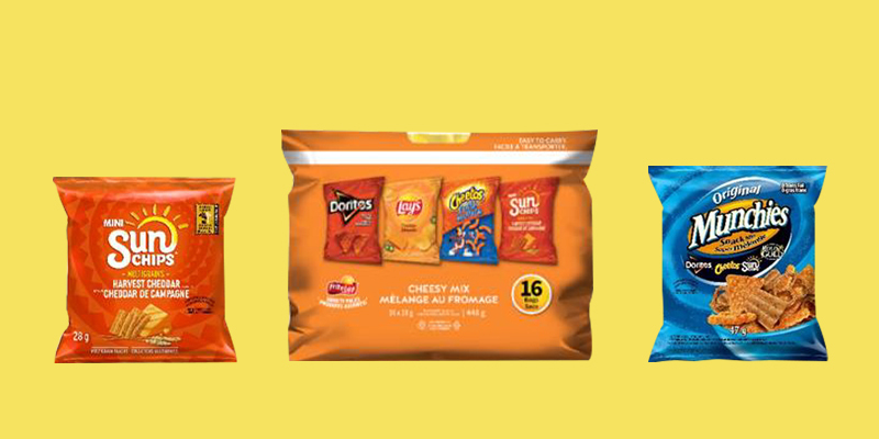 bags of SunChips, Munchies and a chip variety pack