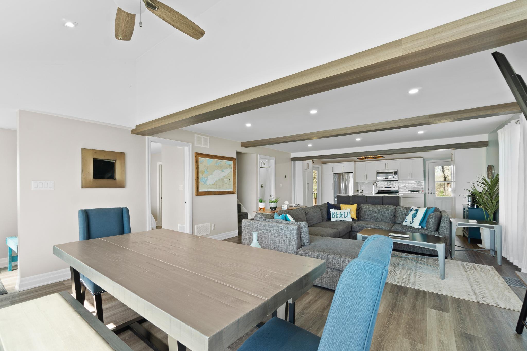 a dining room and living room