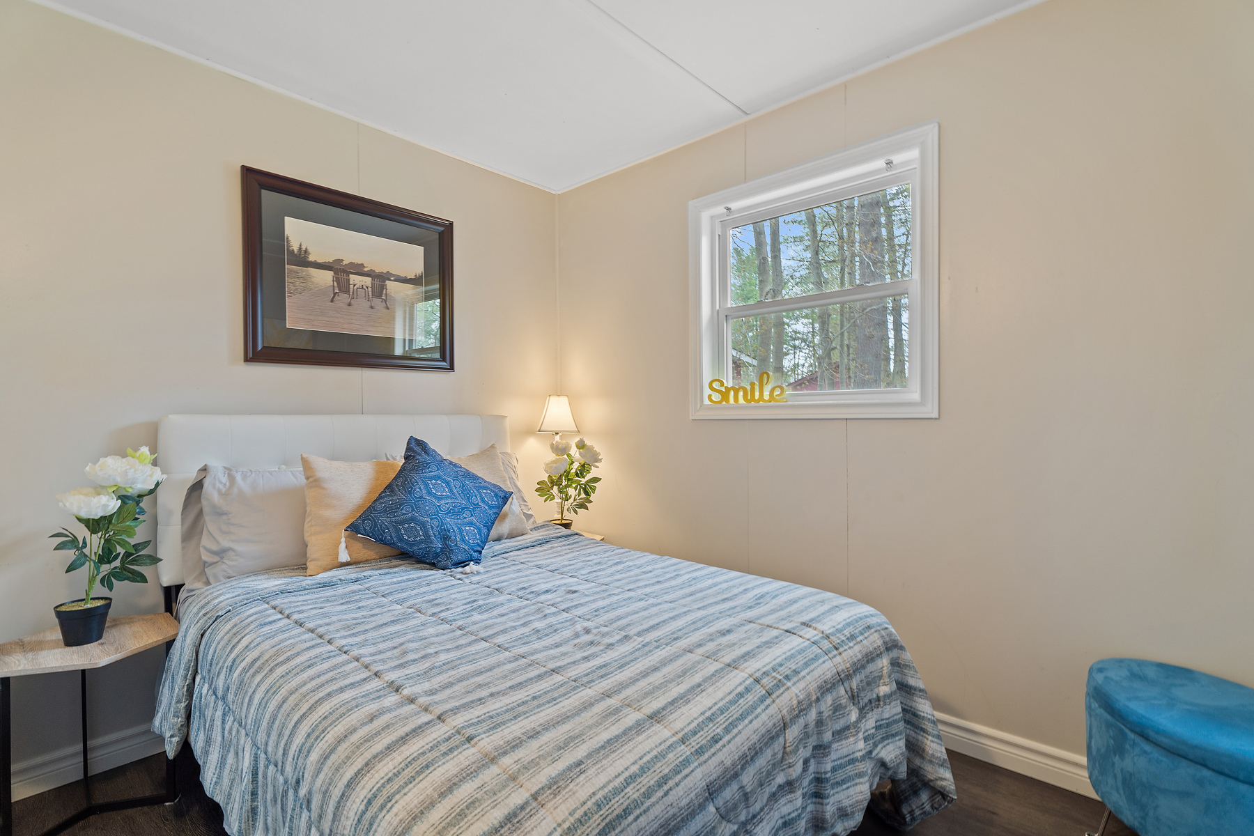 A small bedroom with a big bed and a window.