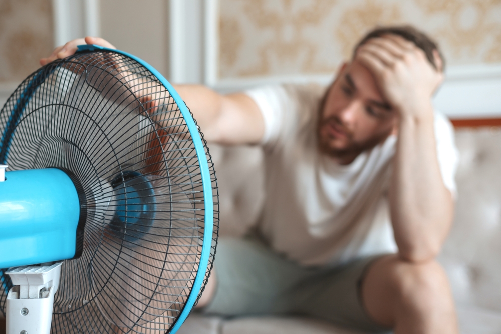 A bearded man sitting in front of an electric fan