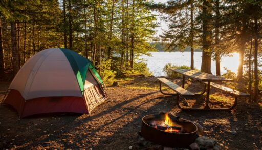 Tent, campfire and picnic bench surrounded by trees
