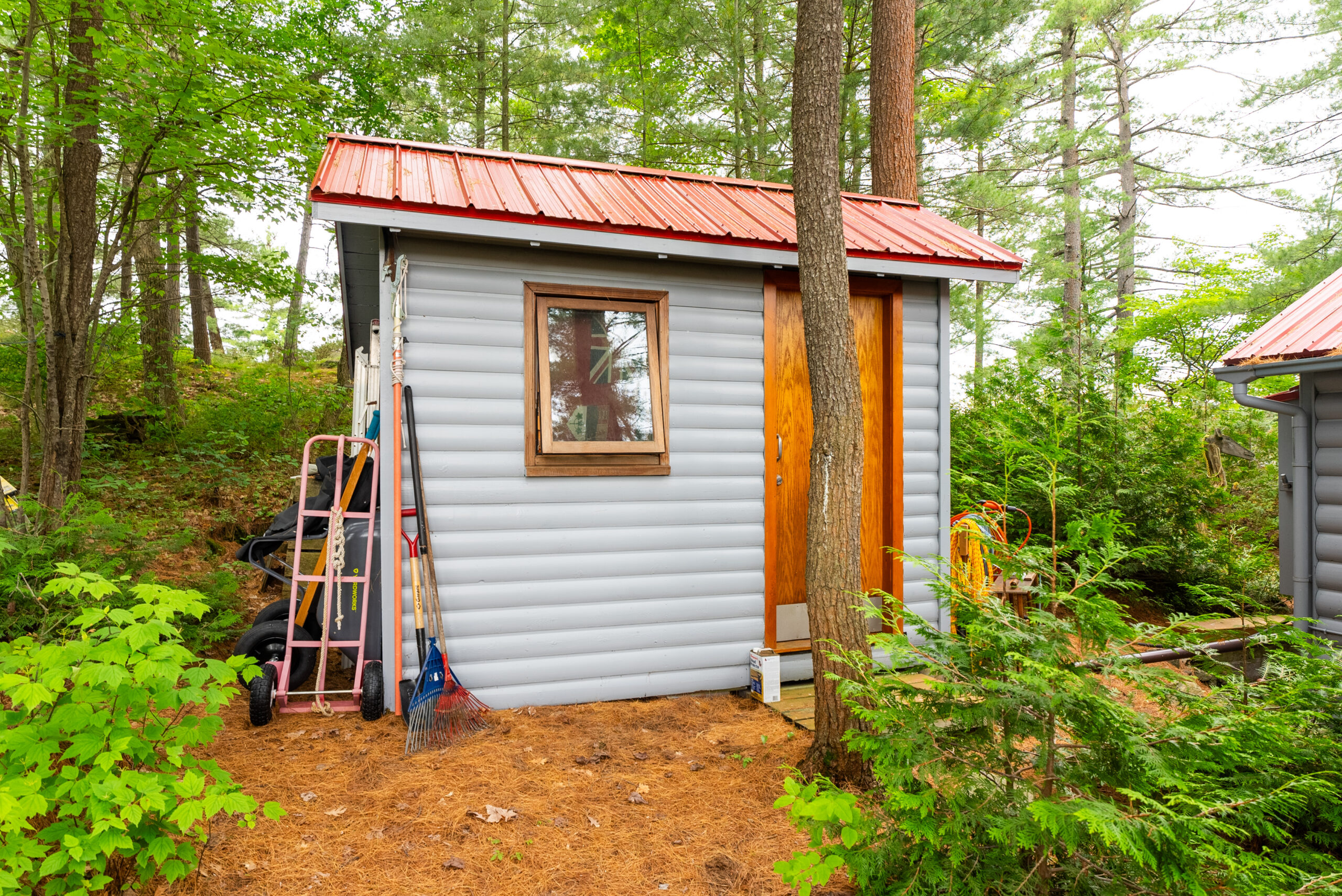 A grey wood building