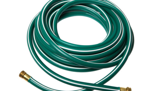 A green garden hose against a white background