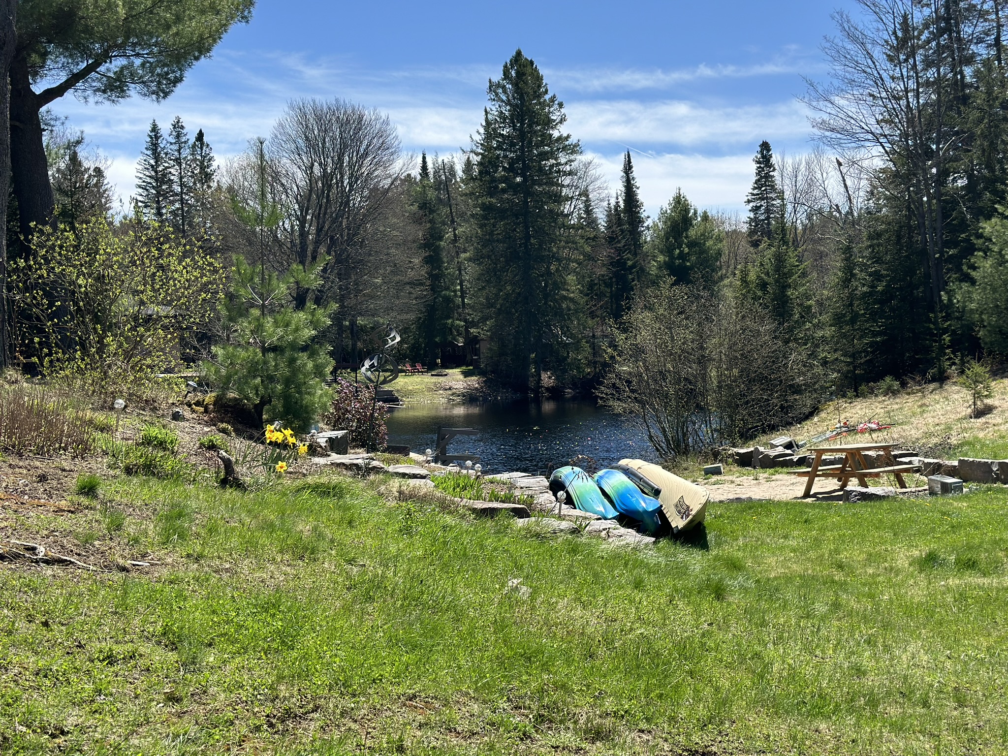 a photo of a grassy waterfront with boats