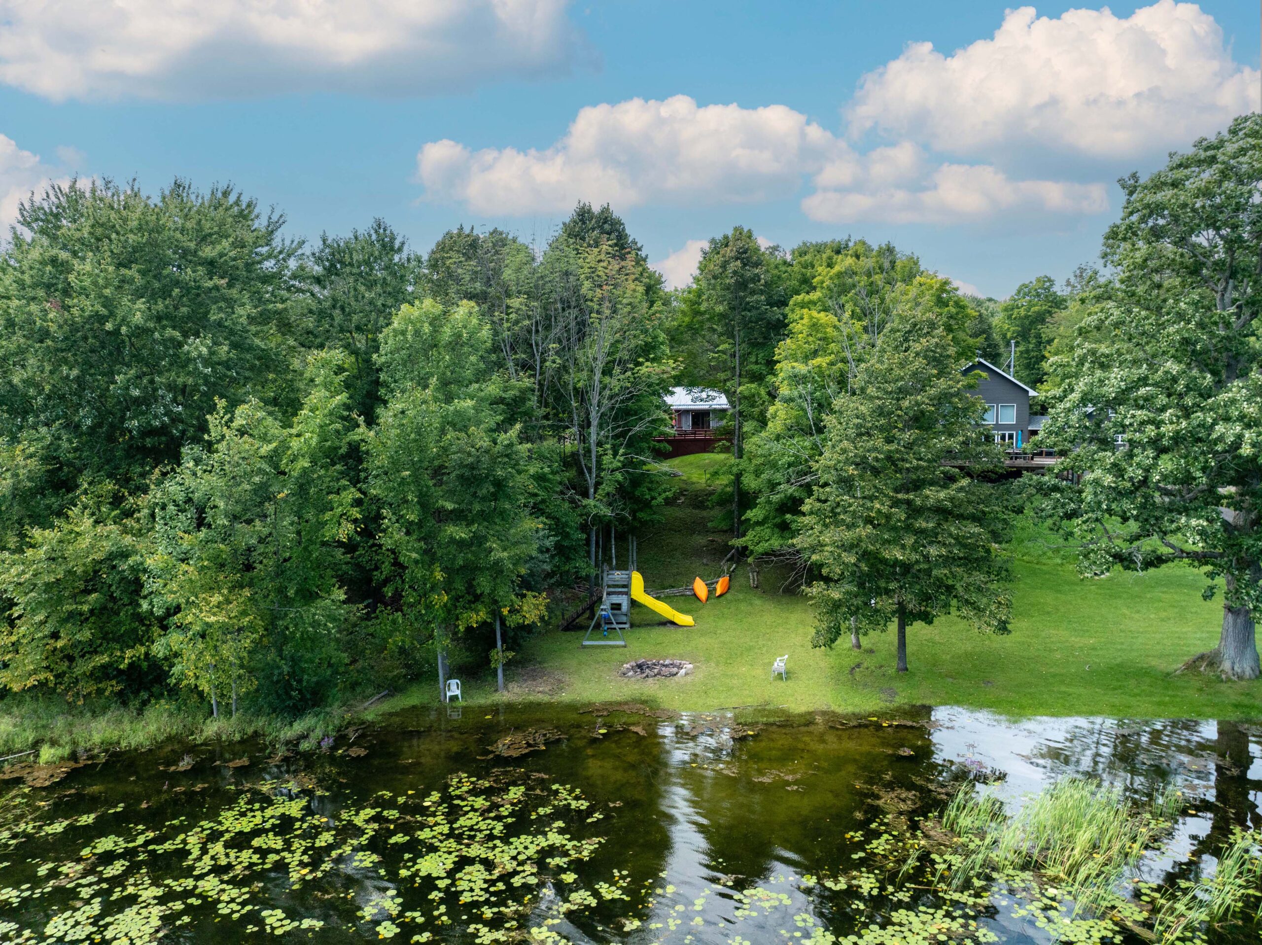 On the shores of a green creek, a cottage is hidden behind trees