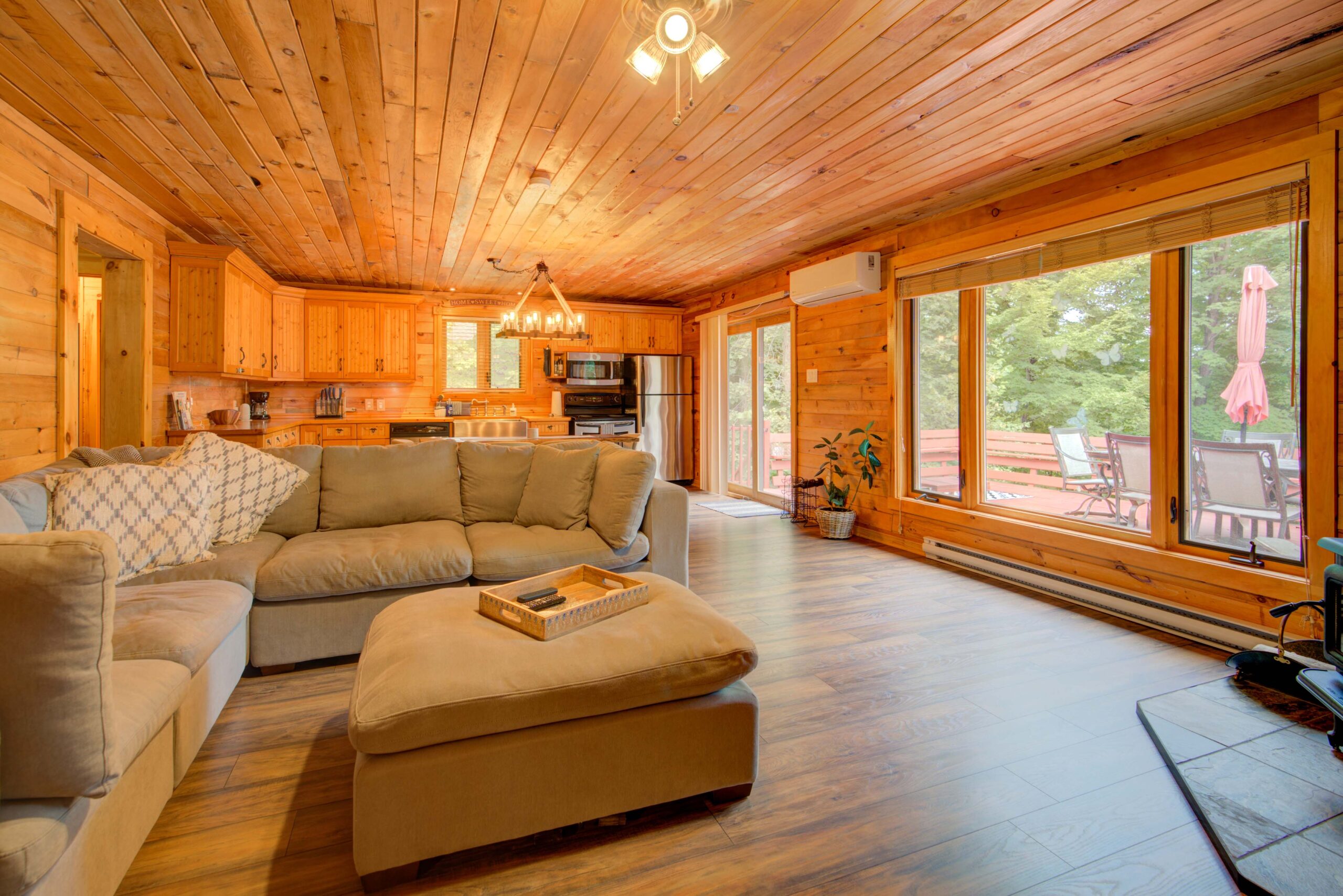 An L-shaped cream couch with a sectional