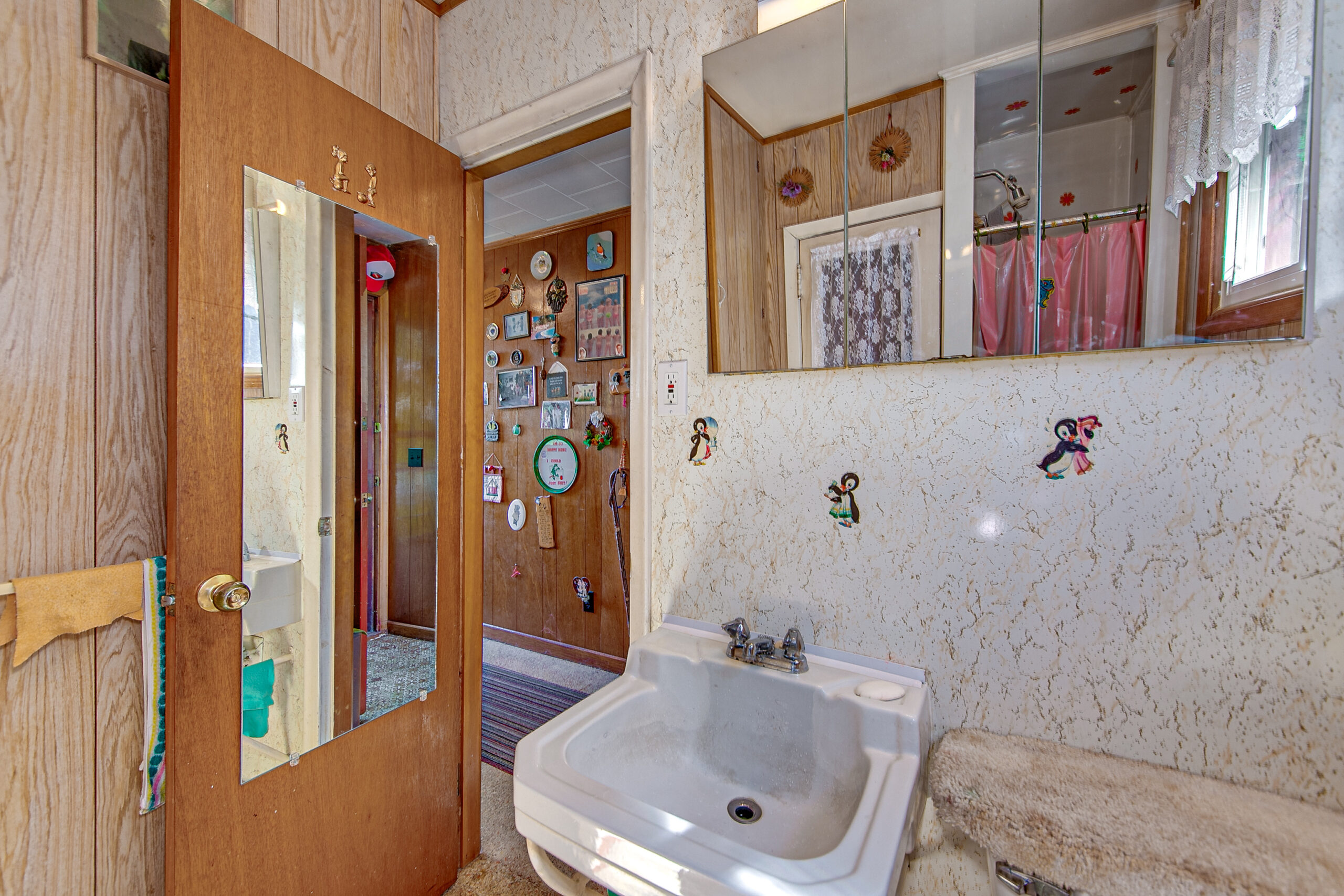 A brown wood door with a mirror on it opens to a white bathroom