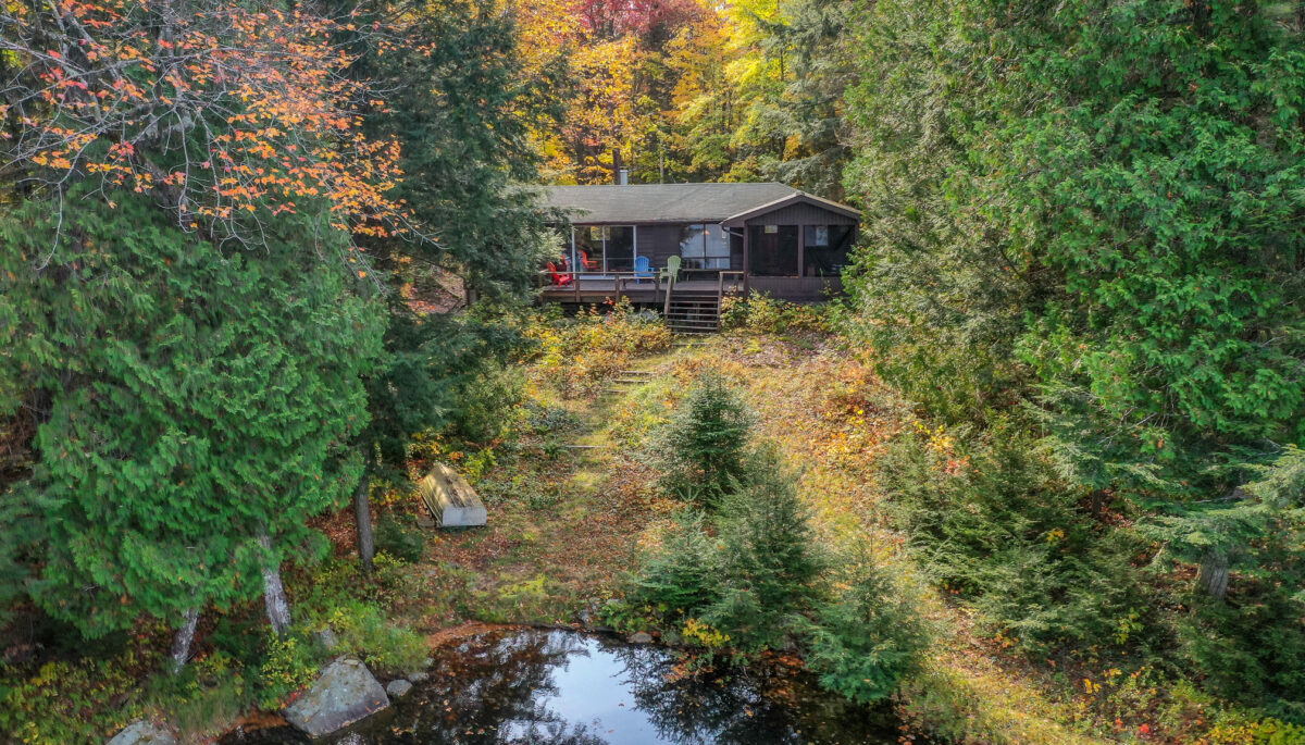 A brown bungalow cottage surrounded by fall trees