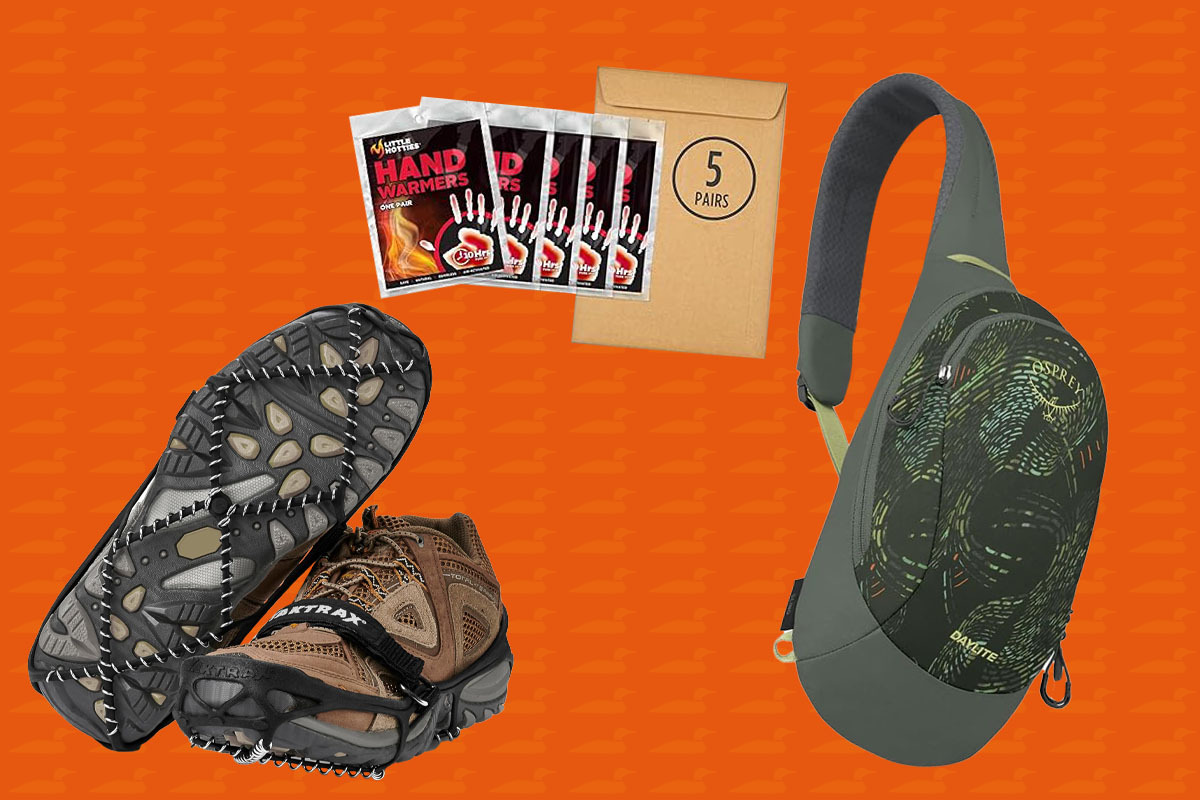 A montage of hiking gear items