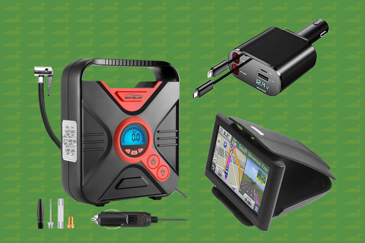 a photo montage of three car gadgets on a green background