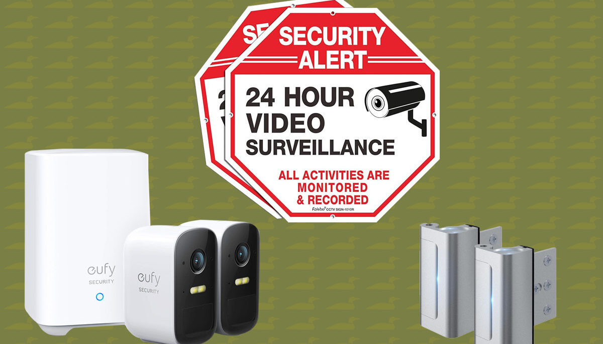 a photo montage of cottage security essentials on a green background