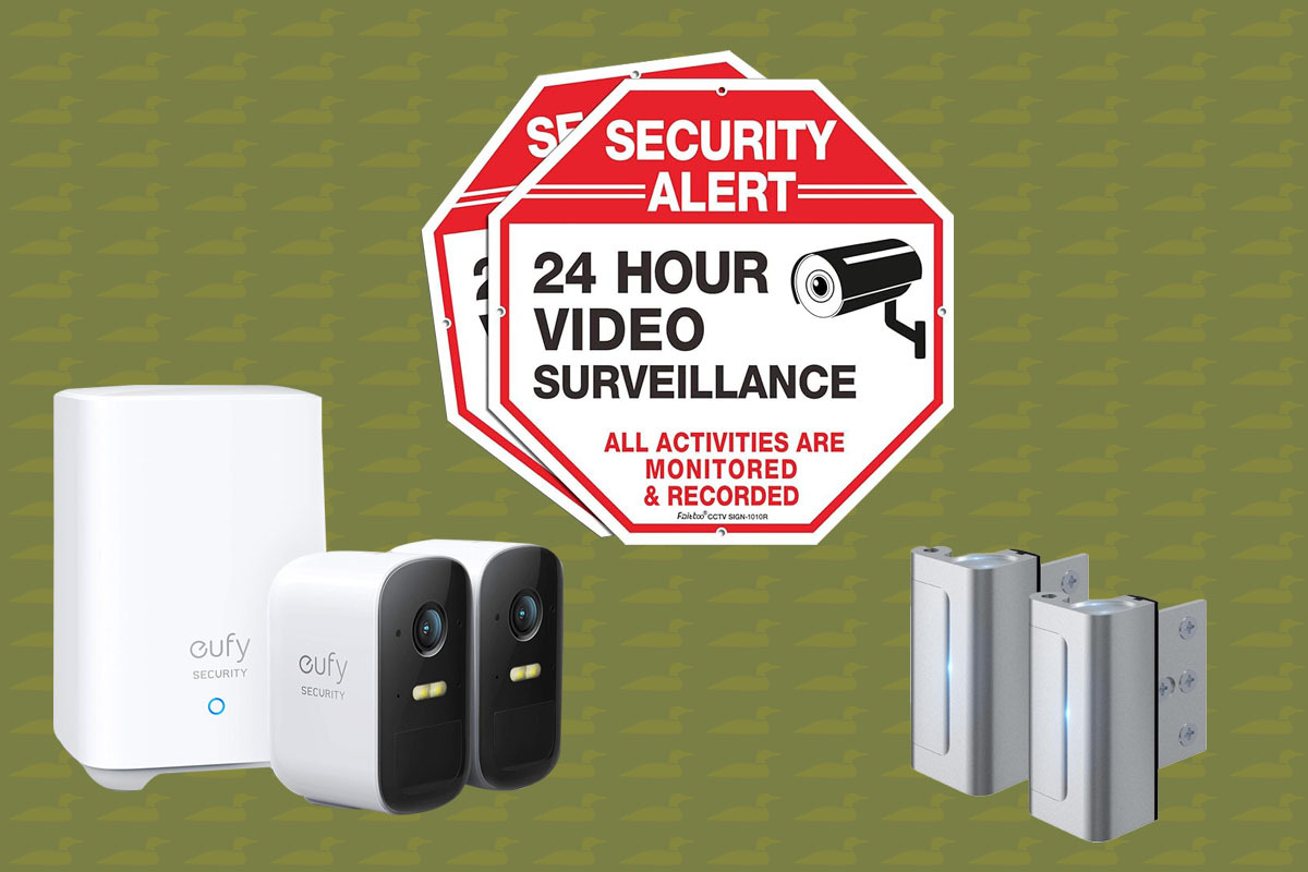 a photo montage of cottage security essentials on a green background