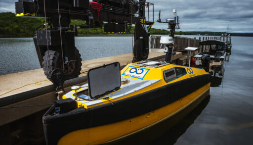 The uncrewed ASV Great Lakes boat, docked