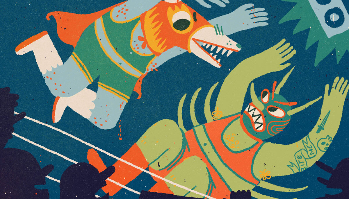 Illustration of a possum and a tick fighting in a boxing ring