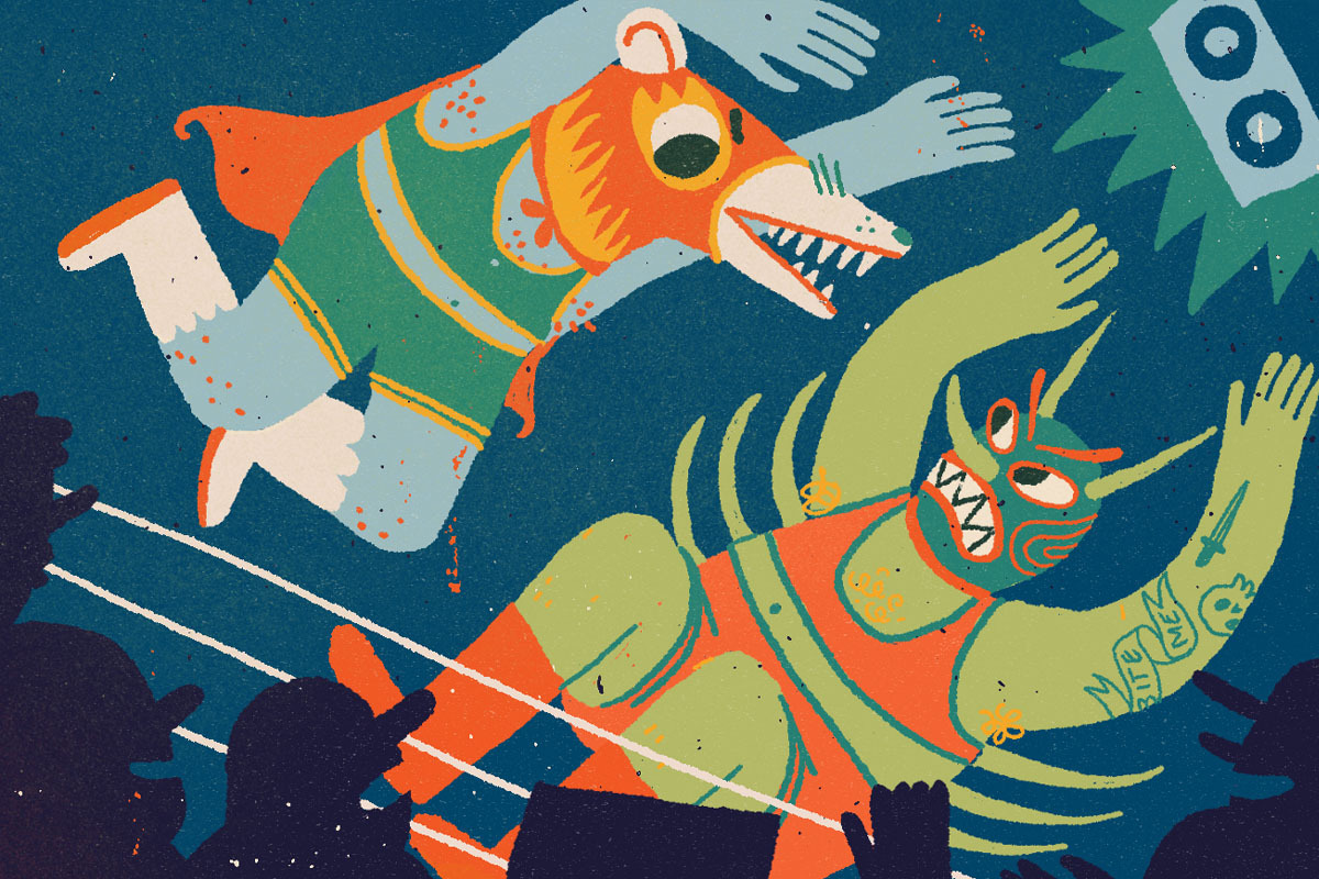 Illustration of a possum and a tick fighting in a boxing ring