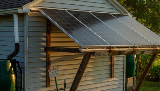 Off-grid setup with solar panels on a small shed in a garden setting. Green environment with rainwater collection barrels. Ideal for eco-friendly projects.