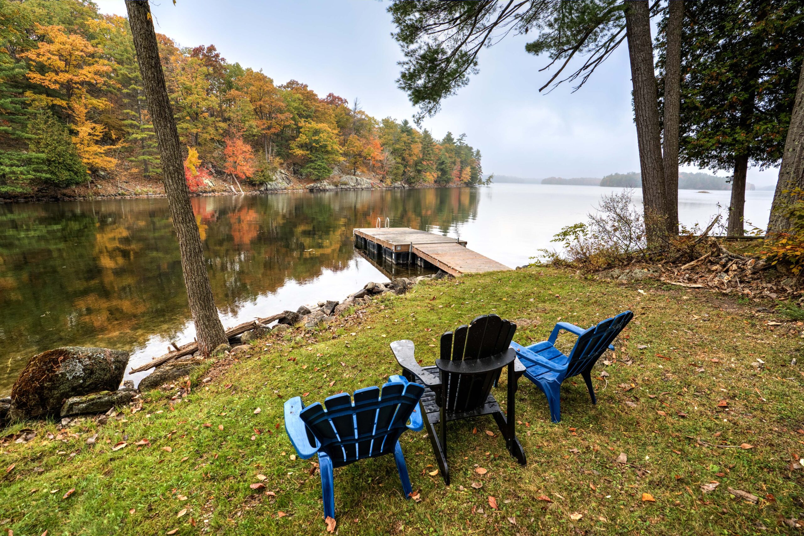 three blue muskoka chairs near the water