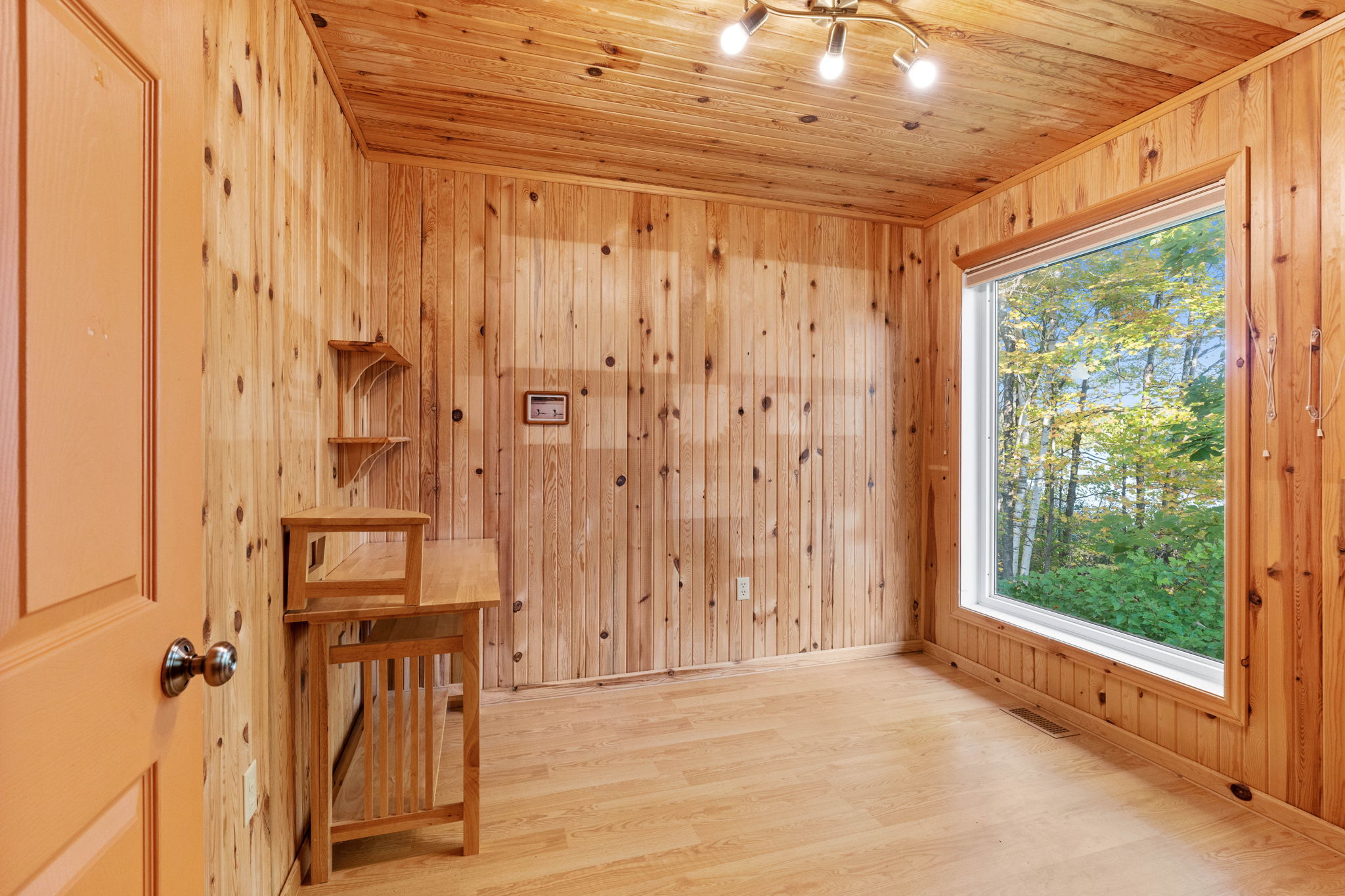 A wood-panelled room with a bright window