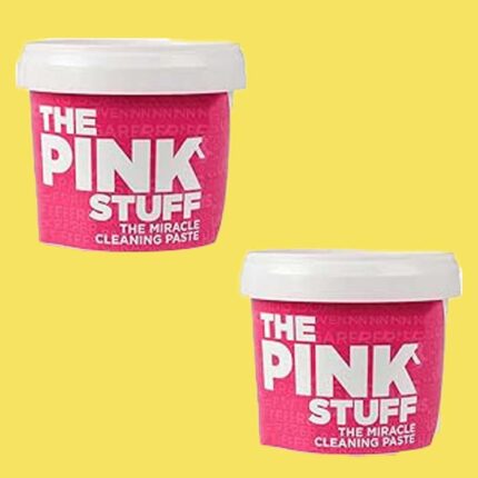 the pink stuff cleaning product on a yellow background