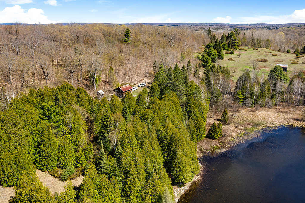 A log cabin hidden among a lush green forest and lake