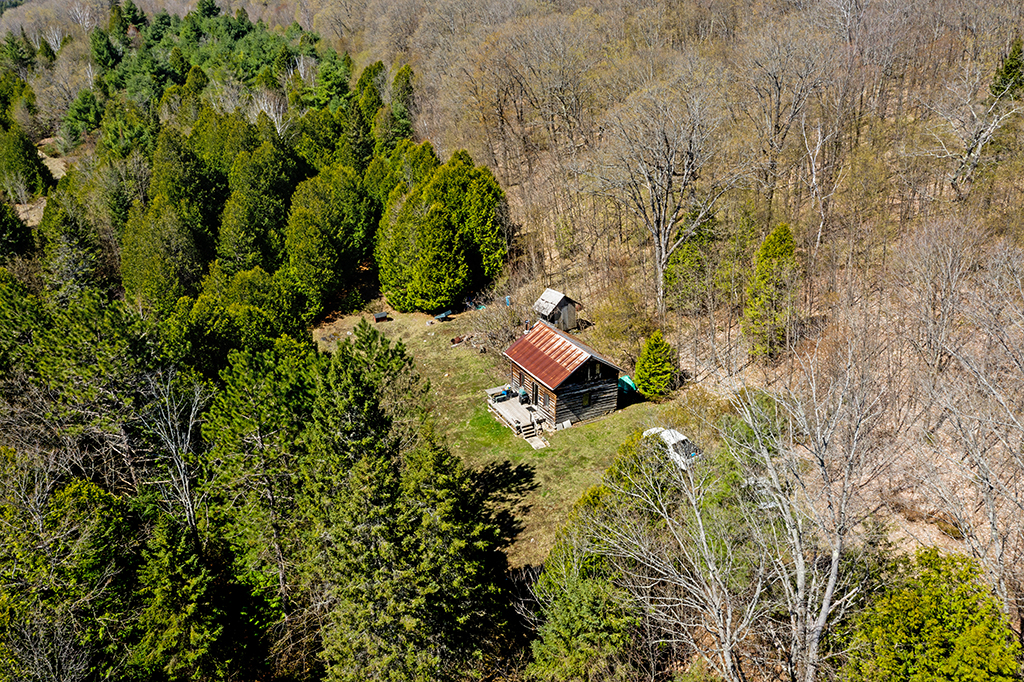 Aerial view of a wood cabin in the middle of the forest