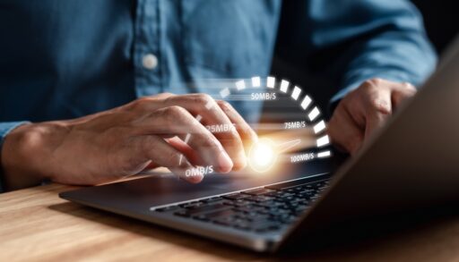 High performance speed internet connection network technology, Man using Internet high speed by smartphone and laptop computer