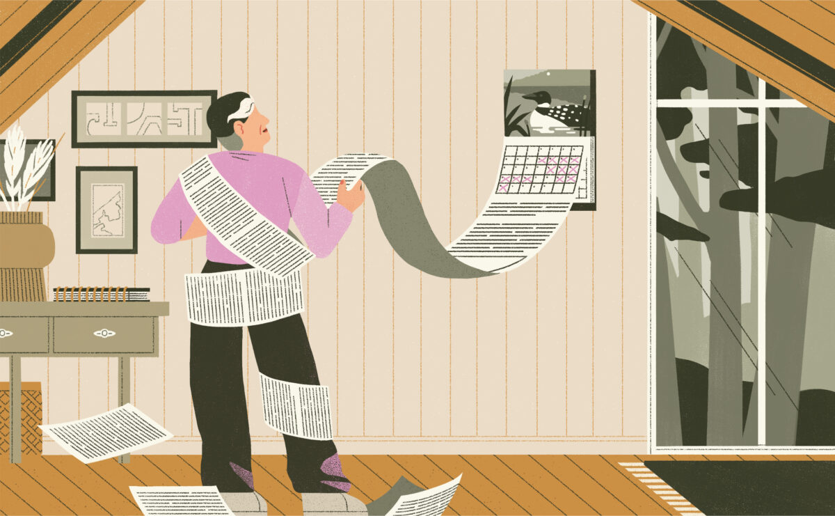 an illustration of a person tied up in pages rolling off a calendar