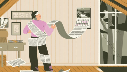 an illustration of a person tied up in pages rolling off a calendar