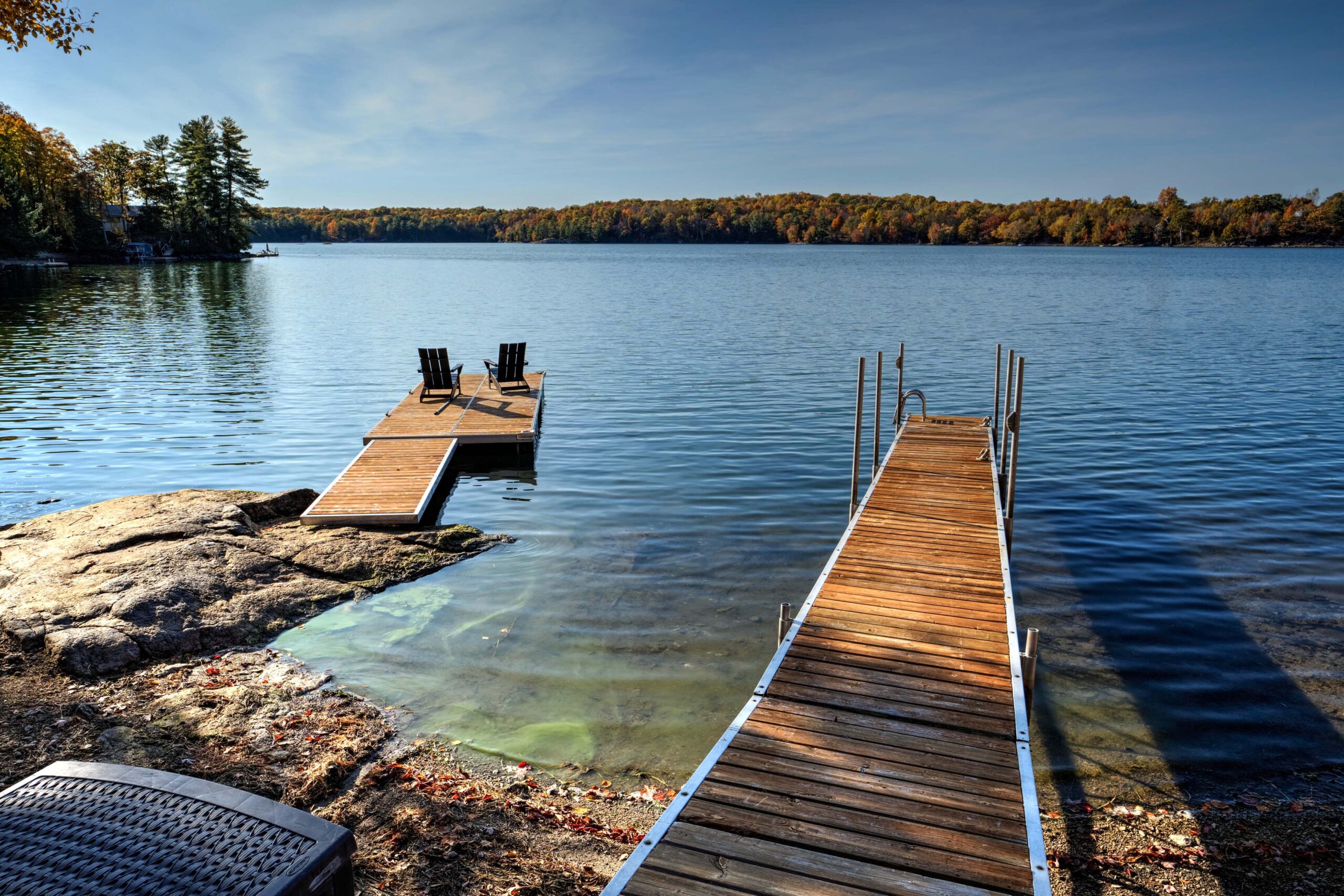 Two brown docks jut out into clear blue water