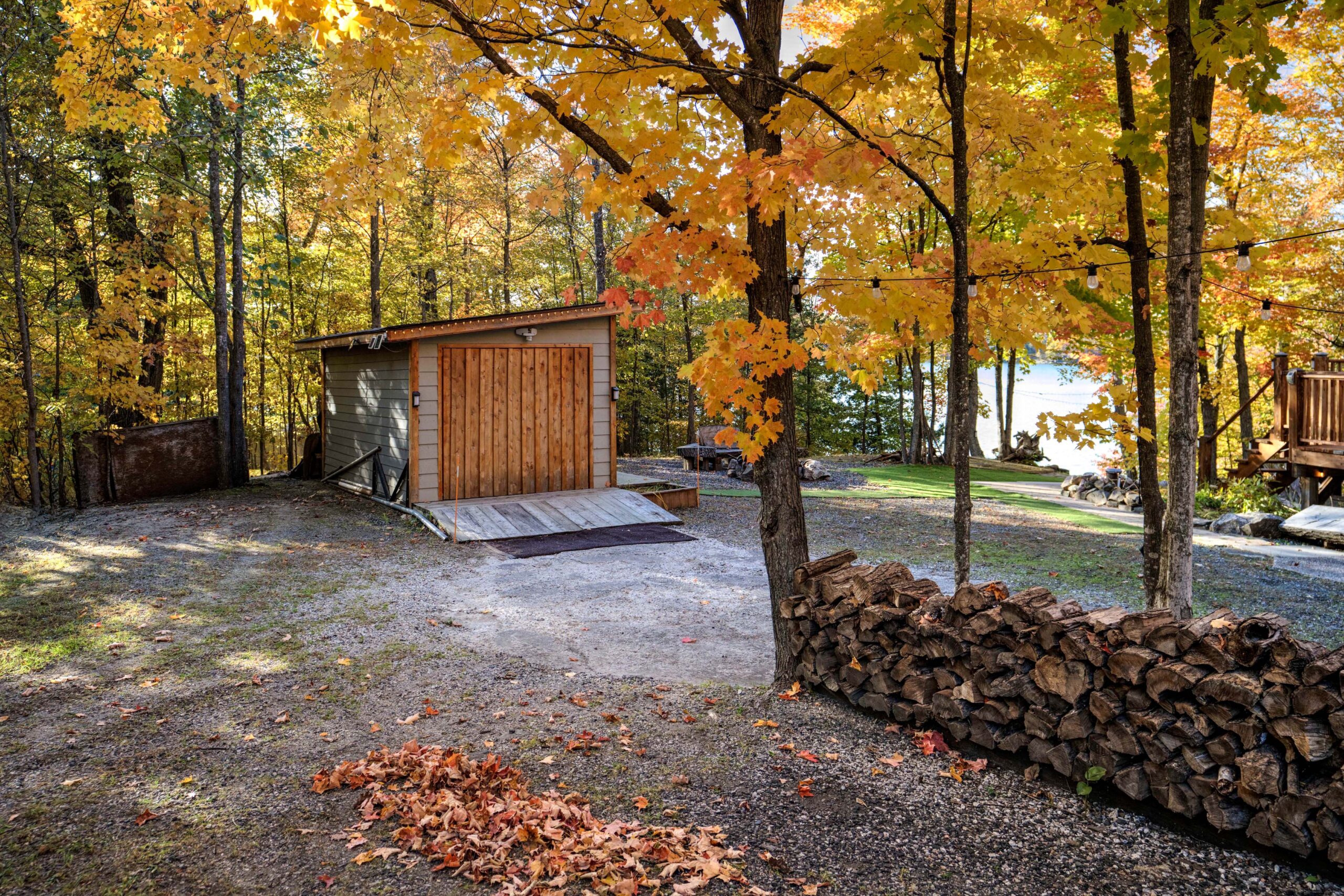A large storage shed with double doors