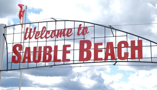 The welcome sign in downtown Sauble Beach, South Bruce Peninsula, Ontario, Canada